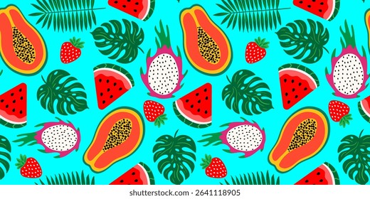 seamless tropical fruit pattern with papaya, dragon fruit, watermelon, strawberry palm leaves on light blue background summer design decor