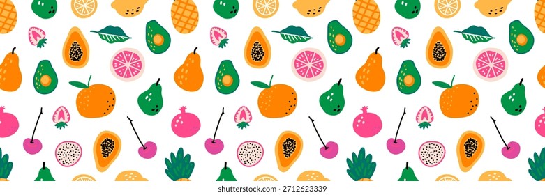 Nahtloses tropisches Fruchtmuster mit Papaya, Orangen, Birnen, Avocado, Grapefruit, Granatapfel und Kirschen. Hell bunter, handgezeichneter Sommerhintergrund für Textilien, Verpackungen und Packpapier.