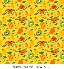 Seamless Tropical Fruit Pattern with Pineapple, Watermelon, Kiwi, and Mango - Vector Design