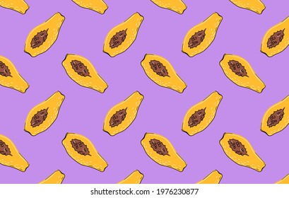 Seamless Tropical fruit pattern vector. Hand drawn seamless pattern with papayas on purple background. Vector illustration.