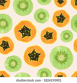 Seamless tropical fruit pattern with watercolor kiwi and papaya slices.