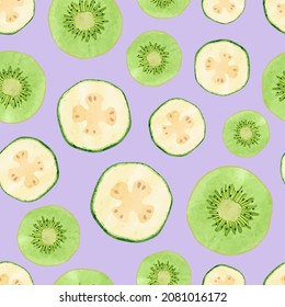 Nahtlose tropische Fruchtmuster mit Aquarellkiwi und Scheiben feijoa.
