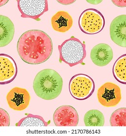 Seamless tropical fruit pattern with watercolor kiwi, papaya, guava slices. Food vector background