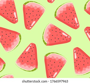 Seamless tropical fruit pattern with watermelon slices on green background. Hand drawn vector illustration in flat style for summer romantic cover, tropical wallpaper