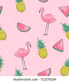 Seamless Tropical Fruits and Flamingo pattern in vector.