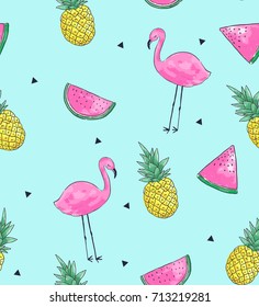 Seamless Tropical Fruits and Flamingo pattern in vector.