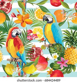 Seamless Tropical Fruits and Parrot Pattern in Vector. Pomegranate, Lemon, Orange Flowers, Leaves Background.