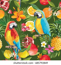 Seamless Tropical Fruits and Parrot Pattern in Vector. Pomegranate, Lemon, Orange Flowers, Leaves Background.