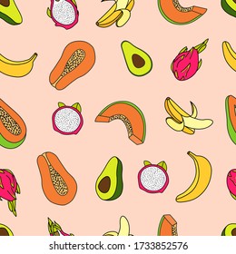 Seamless tropical fruits pattern design with papaya, banana, avocado, dragon fruit.