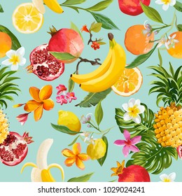 Seamless Tropical Fruits Pattern. Exotic Background with Pomegranate, Lemon, Flowers and Palm Leaves for Wallpaper, Wrapping Paper, Fabric. Vector illustration