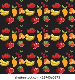 Seamless Tropical Fruits Pattern. Exotic Background with Pomegranate, orange, watermelon, mango, banana, strawberry and litchi for Wallpaper, Wrapping Paper, Fabric. Vector illustration
