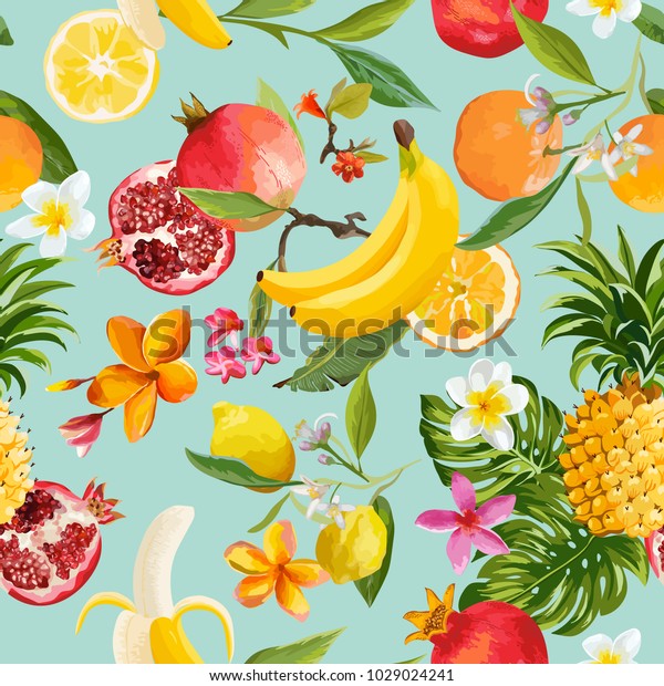 シームレスな熱帯の果物の柄 壁紙用のエキゾチックな背景にザクロ レモン 花 ヤシの葉 包装紙 織物 ベクターイラスト のベクター画像素材 ロイヤリティフリー