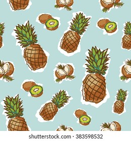 seamless tropical fruits pattern on blue