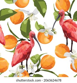 Seamless Tropical Fruits and Toucan Pattern in Vector. Pomegranate, Lemon, Orange Flowers, Leaves Background.