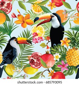 Seamless Tropical Fruits and Toucan Pattern in Vector. Pomegranate, Lemon, Orange Flowers, Leaves Background.