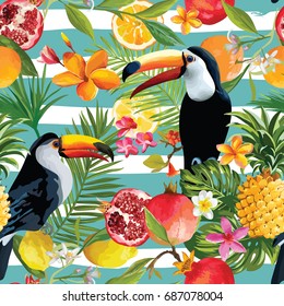 Seamless Tropical Fruits and Toucan Pattern in Vector. Pomegranate, Lemon, Orange Flowers, Leaves Background.