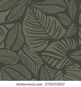 Seamless tropical green leaf pattern with hand-drawn foliage for textile print for fabric, seamless pattern, perfect for botanical designs, jungle themes, and natural backgrounds