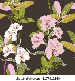 Seamless tropical green leaves and exotic alstroemeria lilies flowers pattern on dark background.  Exotic print. Vintage motives.