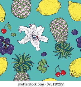 Seamless tropical hand drawn fruit and flower pattern in vector