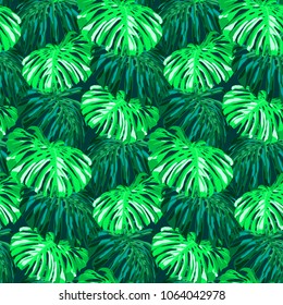 Seamless tropical hand drawn pattern with exotic leaves.