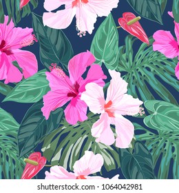 Seamless tropical hand drawn pattern with hibiscus flowers and exotic leaves.
