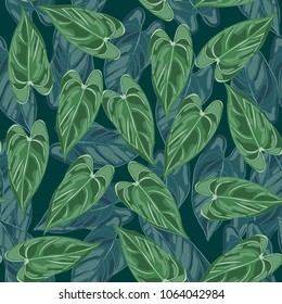Seamless tropical hand drawn pattern with exotic leaves.