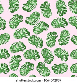 Seamless tropical hand drawn pattern with exotic leaves.