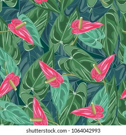 Seamless tropical hand drawn pattern with exotic flowers and leaves.