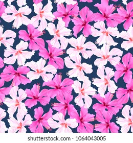 Seamless tropical hand drawn pattern with hibiscus flowers.
