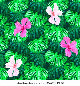 Seamless tropical hand drawn pattern with hibiscus flowers and exotic leaves.