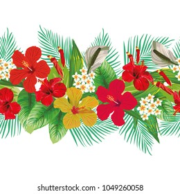 Seamless tropical hand drawn vector red yellow hibiscus and plumeria flowers leaves decorative strip line horizontal floral pattern white background