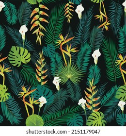 Seamless tropical hand-drawn exotic vector pattern with palm leaves, heliconia (lobster claws), and White flamingo flower. Trendy print. 