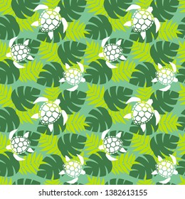 Seamless Tropical and Hawaiian Aloha pattern, green sea turtle and tropical leaves in Pacific islands.