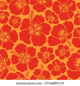 Seamless tropical hibiscus floral pattern in bright summer colors. Simple flat vector design with bold flower silhouettes, for summer textile, fabric, wallpaper, wrapping paper and packaging design.