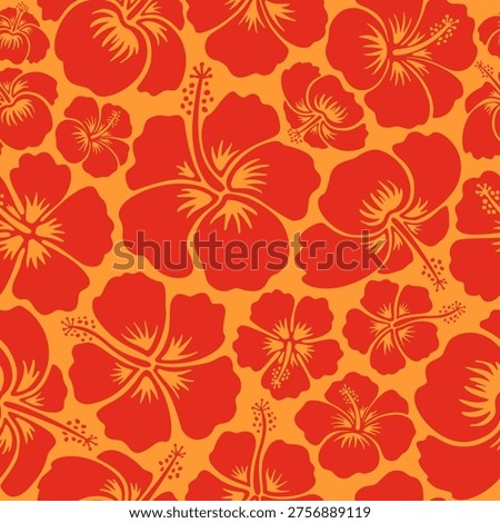 Seamless tropical hibiscus floral pattern in bright summer colors. Simple flat vector design with bold flower silhouettes, for summer textile, fabric, wallpaper, wrapping paper and packaging design.