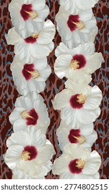 Seamless Tropical Hibiscus Flower Pattern, White Floral Background with Red Center, Exotic Botanical Textile Design