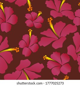 Seamless Tropical Hibiscus Flower vector Pattern. Pink gradient with maroon background. Ideal for fabric, textile, scrapbook, mugs, book covers, gift wrap, wallpaper, etc