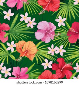 Seamless tropical hibiscus flowers and leaves background. Vector set of blooming floral for holiday invitations, greeting card and fashion design.