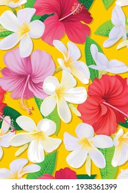 Seamless tropical hibiscus flowers and plumeria background. Vector set of blooming floral for holiday invitations, greeting card and fashion design.