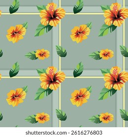 Seamless tropical hibiscus pattern with exotic yellow flowers and lush green foliage for summer textile designs
