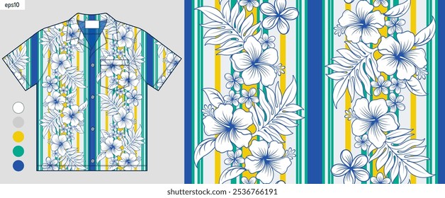 Seamless Tropical Hibiscus Pattern on Hawaiian Shirt Mockup, Elegant Aloha Summer Fashion Design, Beachwear Inspiration in Soft White Tone, Vector Illustration Not AI-Generated.