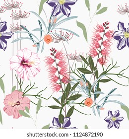 Seamless tropical hibiscus, protea and other exotic flower pattern background. Tropical flowers, jungle leaves, on light background. Exotic print. Vintage  motives.