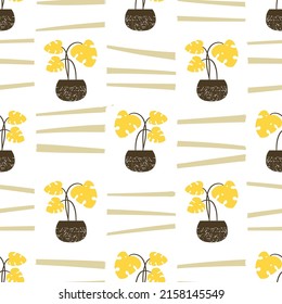 Seamless tropical house plants in pots pattern. Vector monstera background.	