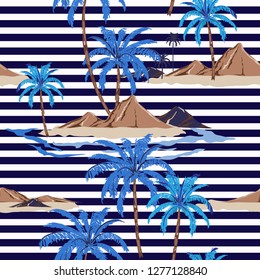 Seamless tropical island pattern with nautical stripes. palm tree and leaves illustration oceans vibes design for fashion,fabric,wallpaper ,web and all prints 