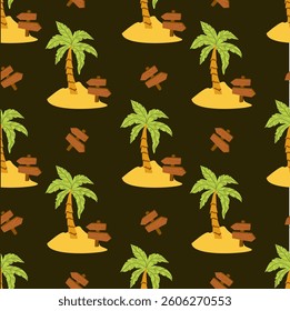 Seamless tropical island pattern with palm trees and wooden signs on sandy background.