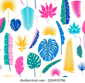 Seamless tropical jungle floral pattern background with different palm leaves on white background. Vector illustration. trendy colours