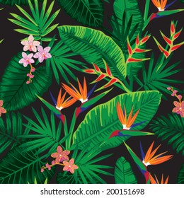 Seamless tropical jungle floral pattern with beautiful orchids and strelitzias. Vector illustration.