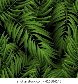 Seamless tropical jungle floral pattern with palm fronds. Vector illustration. Green leaves pattern on black background.