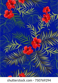 Seamless tropical jungle floral pattern background with palm leaves and hibiscus flower.