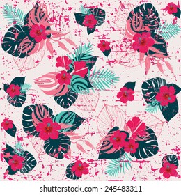 Seamless tropical jungle floral pattern.Grunge background. 